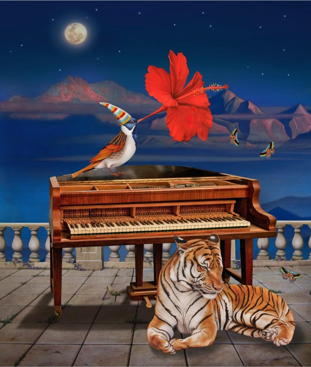 A surreal painting made for Naina — a grand piano on a moonlit terrace with a tiger resting beneath, a bird sipping a hibiscus, mountains and a full moon