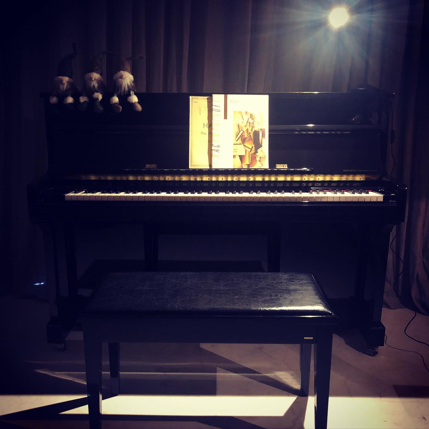Naina's piano under a spotlight