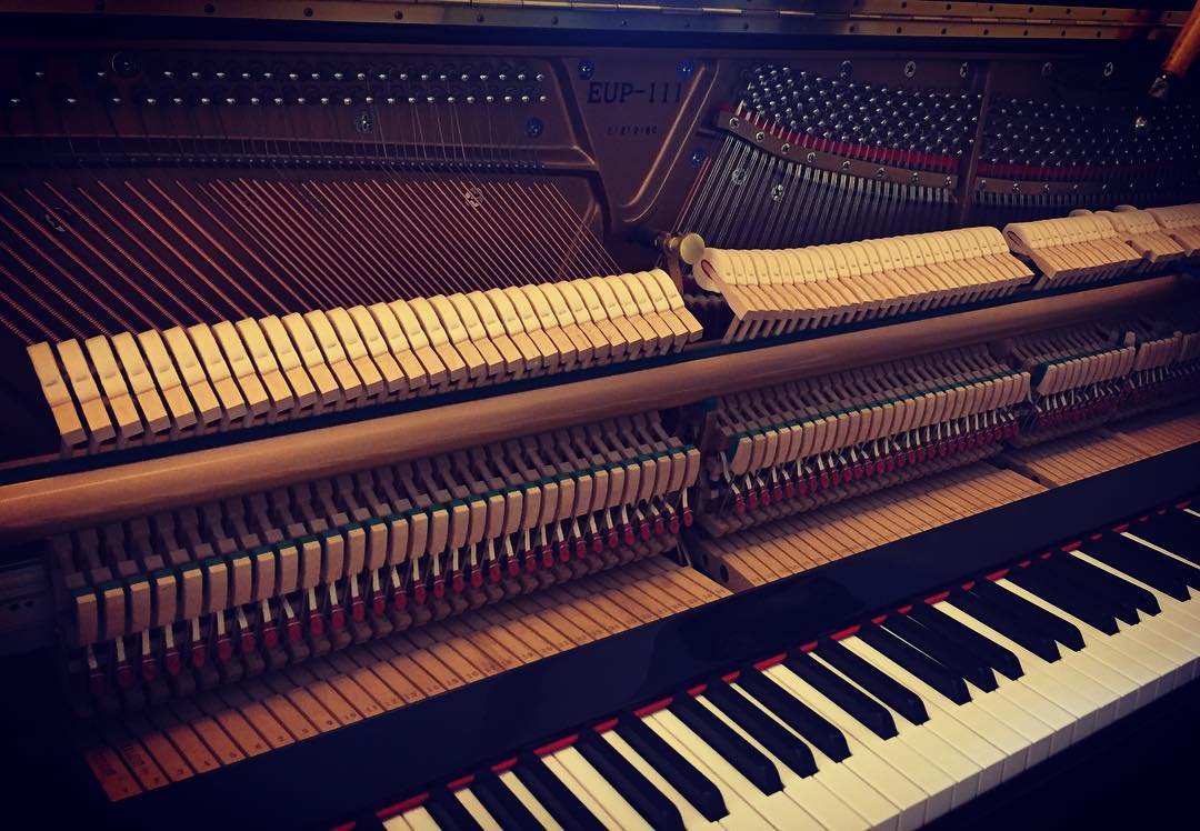 Inside of a piano during tuning